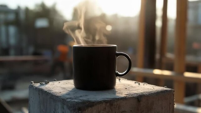 Warm steam rises from a black coffee mug resting on a concrete block at a construction site, bathed in the golden light of sunrise, offering a peaceful moment amidst the bustling activity