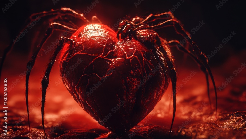 Poster artistic representation of a red heart intertwined with spider legs creating a surreal and evocative