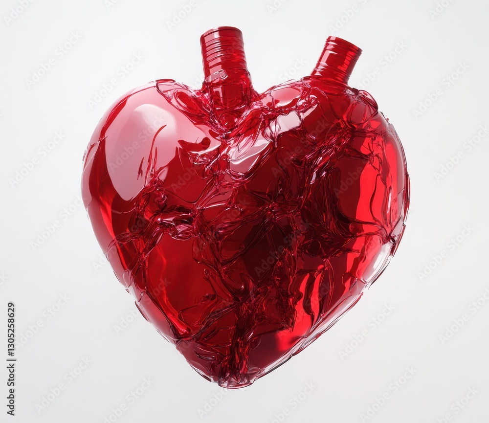 Poster artistic representation of a transparent red heart with a unique twisted form isolated on a white ba