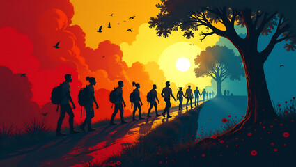 Naklejka premium An abstract image representing the journey from slavery to freedom, using contrasting colors and symbolic shapes.