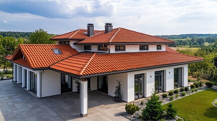 A modern house with a red tiled roof, white walls, and a landscaped garden in a green countryside setting.