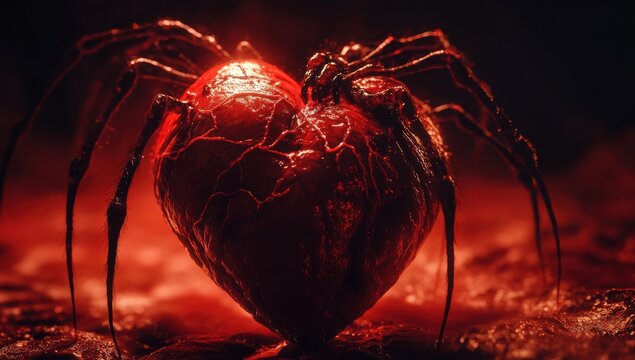 Artistic representation of a red heart intertwined with spider legs creating a surreal and evocative imagery for Halloween or horror-themed projects