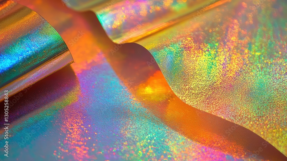 Aufkleber shimmering rainbow foil with iridescent hues reflecting light in vibrant colors, creating a dazzling