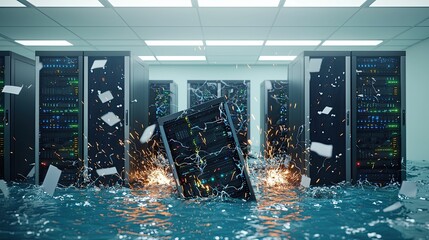 A flooded server room with water covering the floor, causing a critical data center disaster.