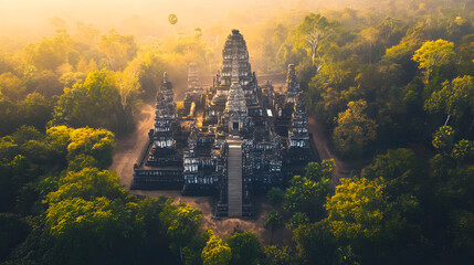 aerial view of an ancient temple complex surrounded by a dense jungle 