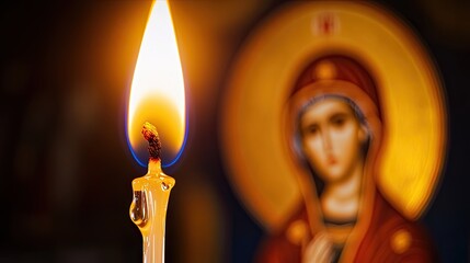 single candle, lit in front of an icon of the revered Saint Mary and Theotokos © Alien