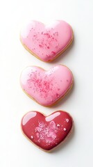 Fototapeta premium Heart-shaped cookies coated with raspberry powder and decorated with pink chocolate glaze. Isolated on a white background. Perfect for Valentine's Day, celebrations, and sweet dessert designs.
