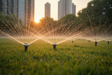 A Field of Grass With Sprinklers in the Middle of It - Generative AI