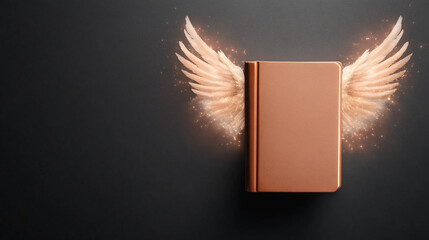 Bible with glowing angel wings on dark background