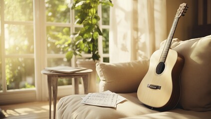 A wooden acoustic guitar sits on the arm of an elegant beige sofa, with large windows in the background