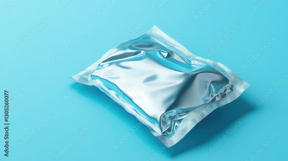 Poster sleek, crumpled foil packet set against a blue background creating a minimalistic and modern appeara