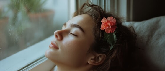 Naklejka premium A serene woman rests against a window, eyes closed, with a pink flower in her hair, embodying calm and introspection in the soft morning light.