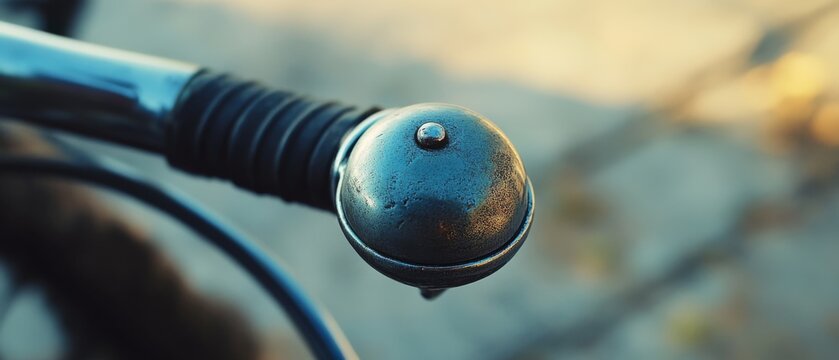 A close-up of a bicycle bell, glistening under the soft sunlight, captures the essence of urban exploration and everyday journeys.