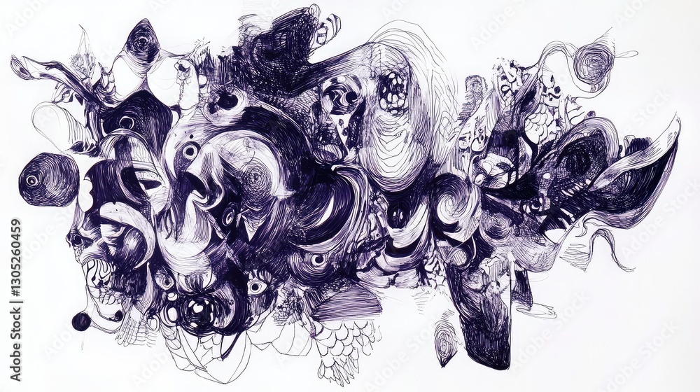 Poster abstract digital artwork with intricate line patterns and surreal shapes showcasing monochromatic to