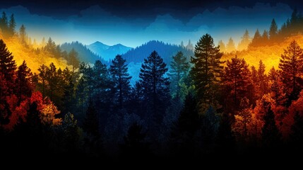 Fototapeta premium Vibrant Autumn Landscape with Pine Trees and Mountain Silhouette