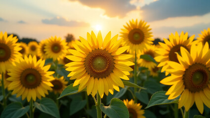 Obraz premium A field of sunflowers in full bloom, facing the sun, symbolizing the warmth and energy of summer.