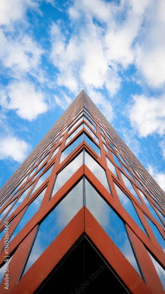 Poster urban geometric momentum futuristic copper-toned skyscraper redefining corporate architecture with m