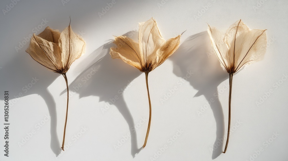 Poster delicate display of dried botanical flowers casting shadows on a light background offering a serene 
