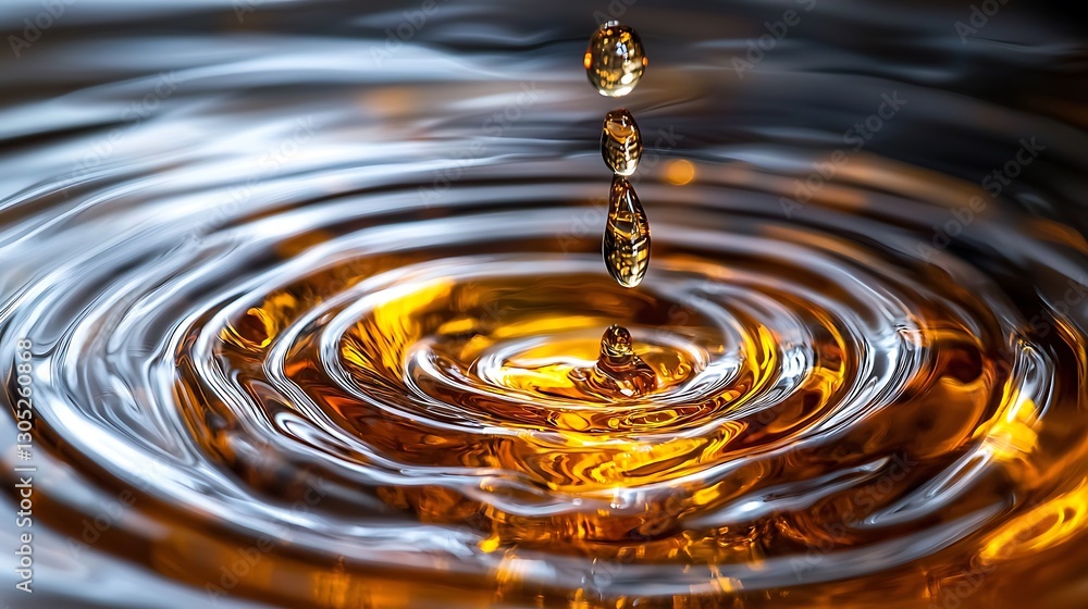 Poster liquid droplet impact creating concentric ripples in amber-colored surface, close up