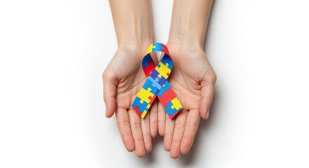 Hands holding colorful ribbon in puzzle pattern on white background. World Autism Day background