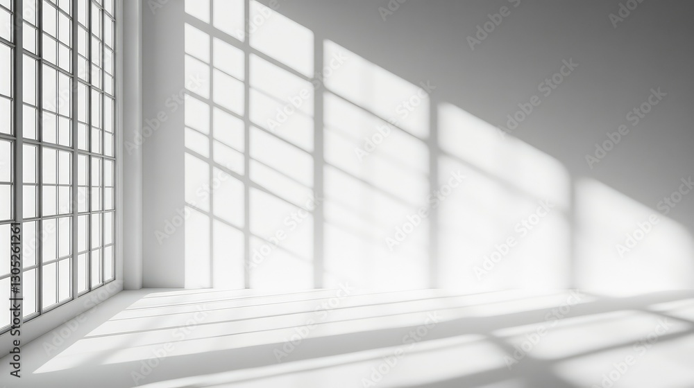 Poster bright and airy interior space with soft shadows creating a serene atmosphere through large windows 