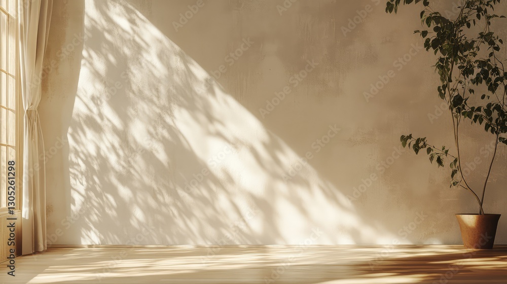 Poster sunlit indoor space with soft shadows and botanical element creating a serene atmosphere in a minima