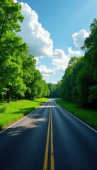 Obraz premium Empty blacktop highway winds through lush green park under a breathtaking sky , photography, green