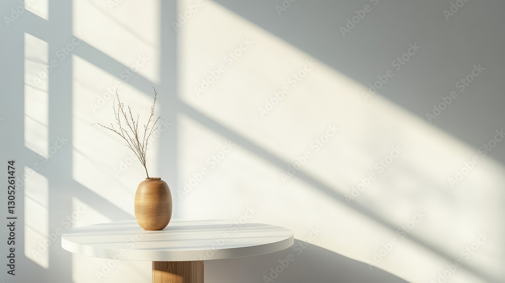 Poster minimalistic arrangement of a wooden vase with dried twigs on a round table emphasized by soft natur