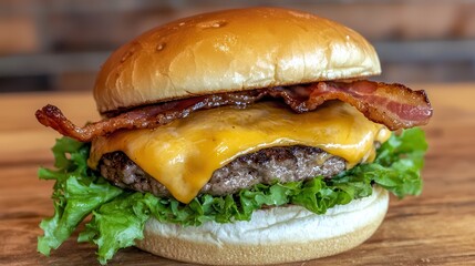 A juicy cheeseburger with crispy bacon, fresh lettuce, and a soft bun, beautifully presented on a wooden surface.