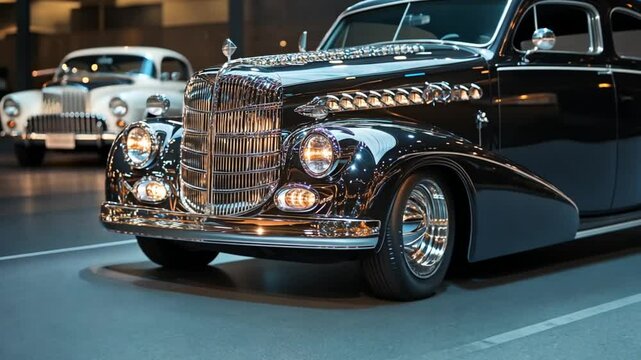 A sleek black vintage car showcasing its chrome grill and shining headlights in front of another classic white car in the background