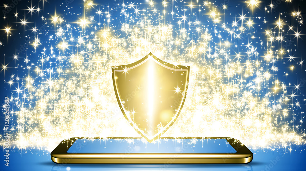 Poster enhancing mobile security with a golden shield effect digital illustration tech environment fantasy 