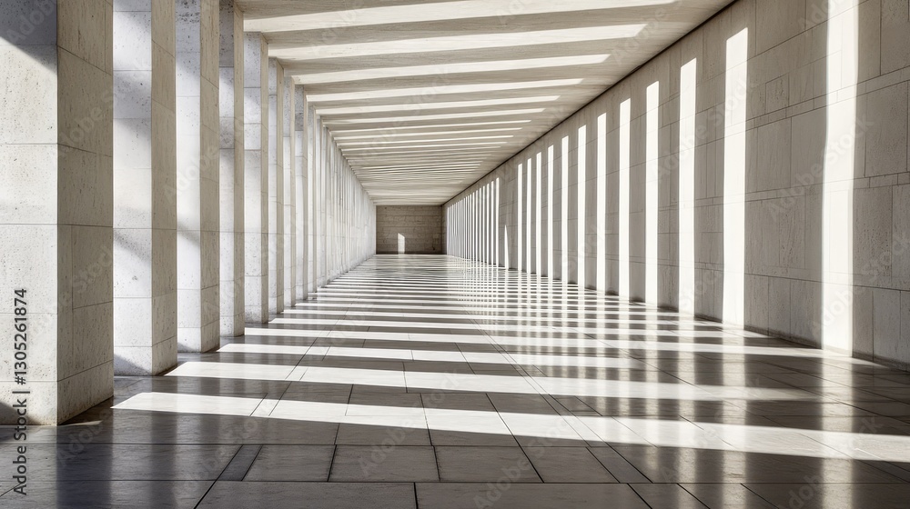 Poster modern architectural interior with vertical columns and striking shadow patterns creating a minimali