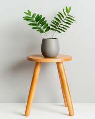 Minimalist Biophilic Design Scandinavian Wooden Side Table with Ceramic Planter - Contemporary Home Decor Showcasing Natural Wellness Aesthetics