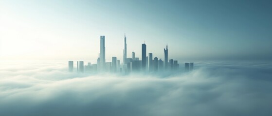 Fototapeta premium A futuristic city skyline rises above the clouds, bathed in soft morning light, evoking serenity and innovation.
