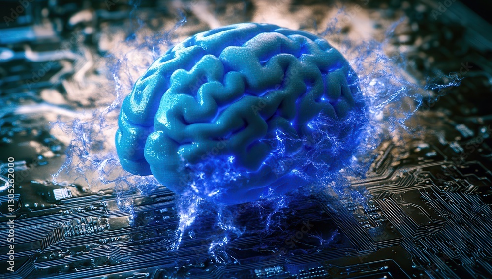 Poster blue electric brain surrounded by sparks on circuit board background symbolizing technology and inno
