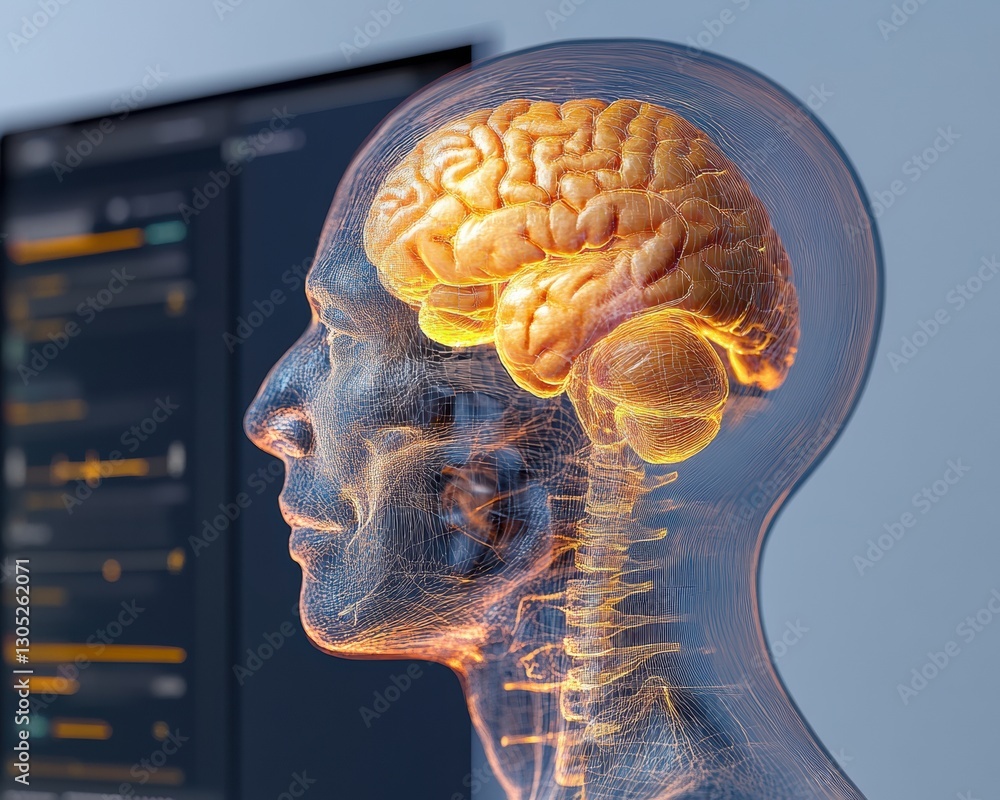 Poster Neurological Insights Translucent Digital Brain Visualization in Advanced Medical Imaging - Cutting-Edge Neuroscience and AI-Driven Diagnostic Innovation