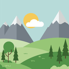 Obraz premium Flat Design Mountain Landscape with Rolling Hills and Sunny Sky