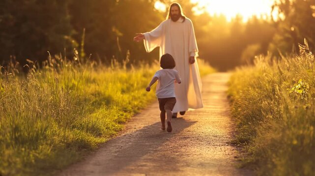 A young boy joyfully runs towards jesus along a scenic road in a field during a beautiful sunset
