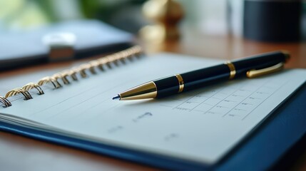 Fototapeta premium Elegant pen resting on a blank notepad, showcasing a desk setup with soft focus background elements and warm lighting that highlights creativity and productivity in a modern workspace