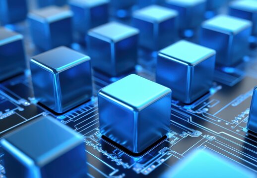Blue Metallic Cubes on Digital Circuit Board Background Representing Technology, Innovation, and Modern Computing Concepts