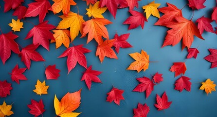 Autumn background with vibrant red leaves scattered on a textured blue slate surface, creating contrast.