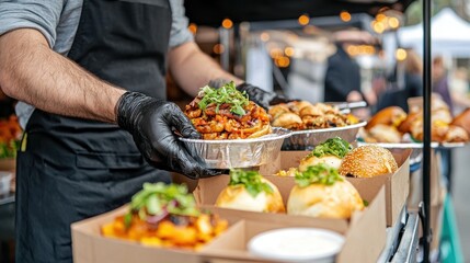 Obraz premium A vendor serves delicious food from a food truck, showcasing a tasty meal garnished with herbs and accompanied by other appealing dishes.
