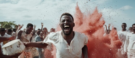A joyful crowd celebrates with exuberant cheers and vibrant powders in a lively burst of color, embodying joy and unity.