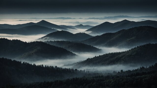 Gloomy spooky misty black mountain range landscape