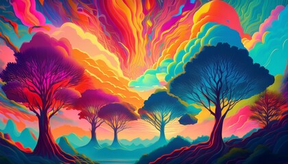 Vibrant multicolored colorful sky clouds trees psychedelic abstract walpaper. Generated image