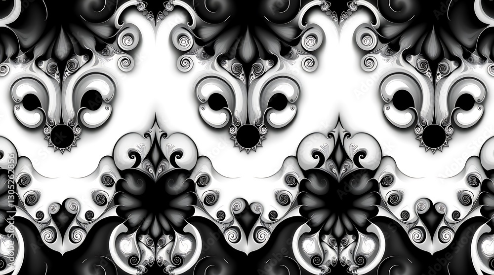 Poster ornate monochromatic pattern: an intricate black and white pattern, featuring swirling lines and sym