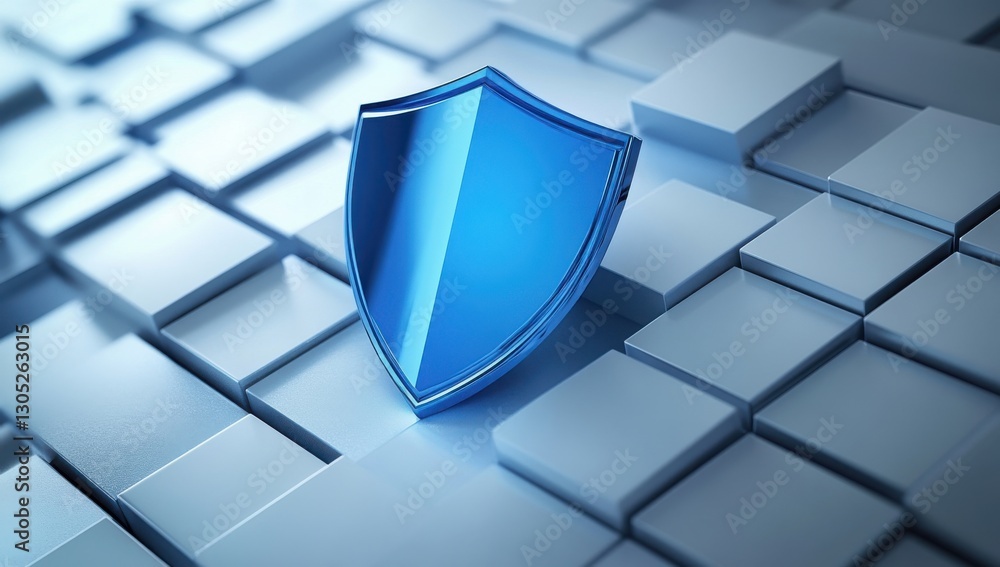 Poster blue shield icon on a modern digital background with 3d cubes representing protection and security i