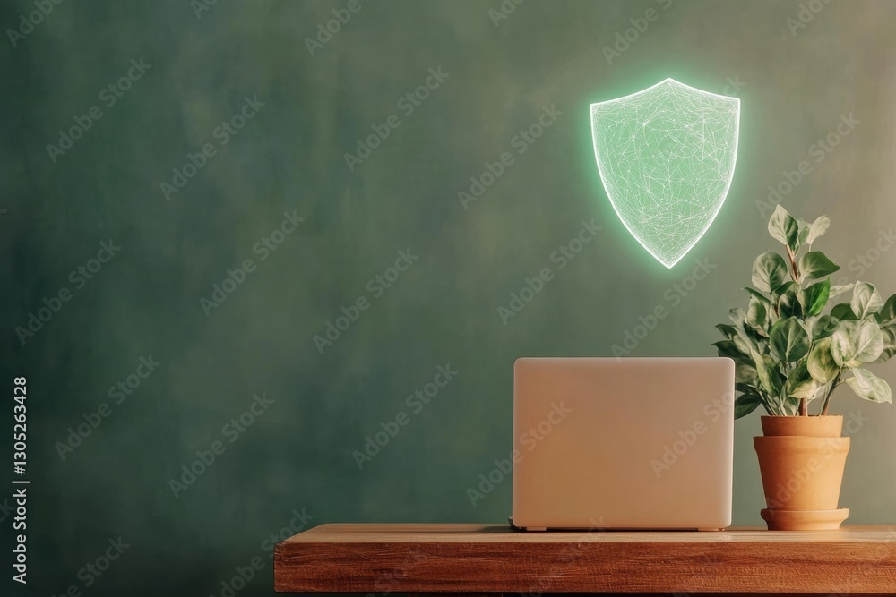 Poster minimalist cyber defense holographic digital shield illuminating modern workspace with organic tech 