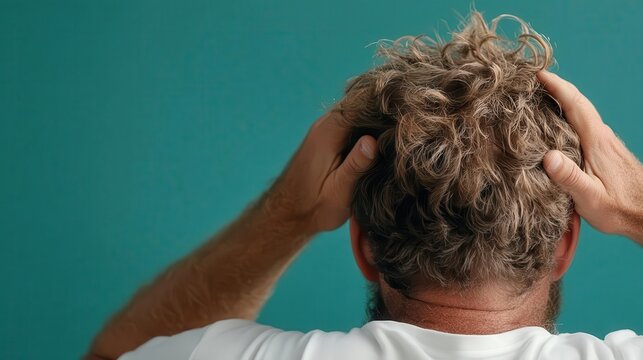 Man holding his head in disbelief, financial crisis reaction, worried look, dark teal background, copy space for financial services