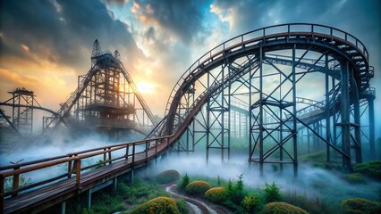 Eerie Foggy Abandoned Roller Coaster - Spooky Amusement Park Scene